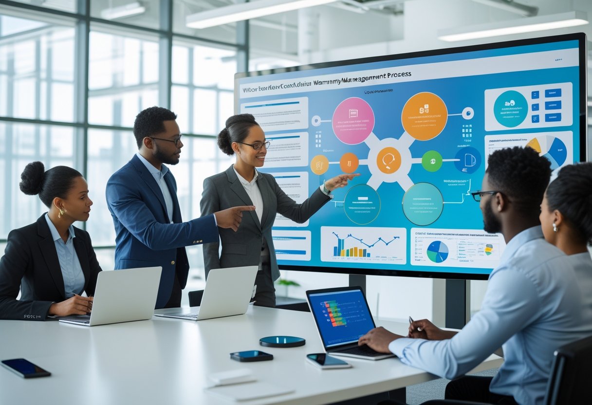 A group of professionals collaborating around a digital touchscreen displaying warranty management process graphics in a modern office.