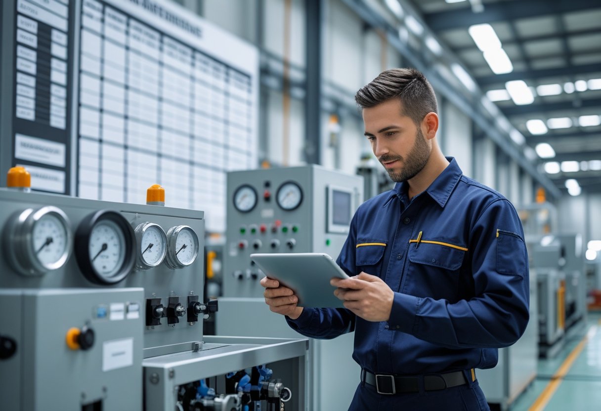 A maintenance technician inspecting machinery with a digital tablet in a clean industrial workspace.