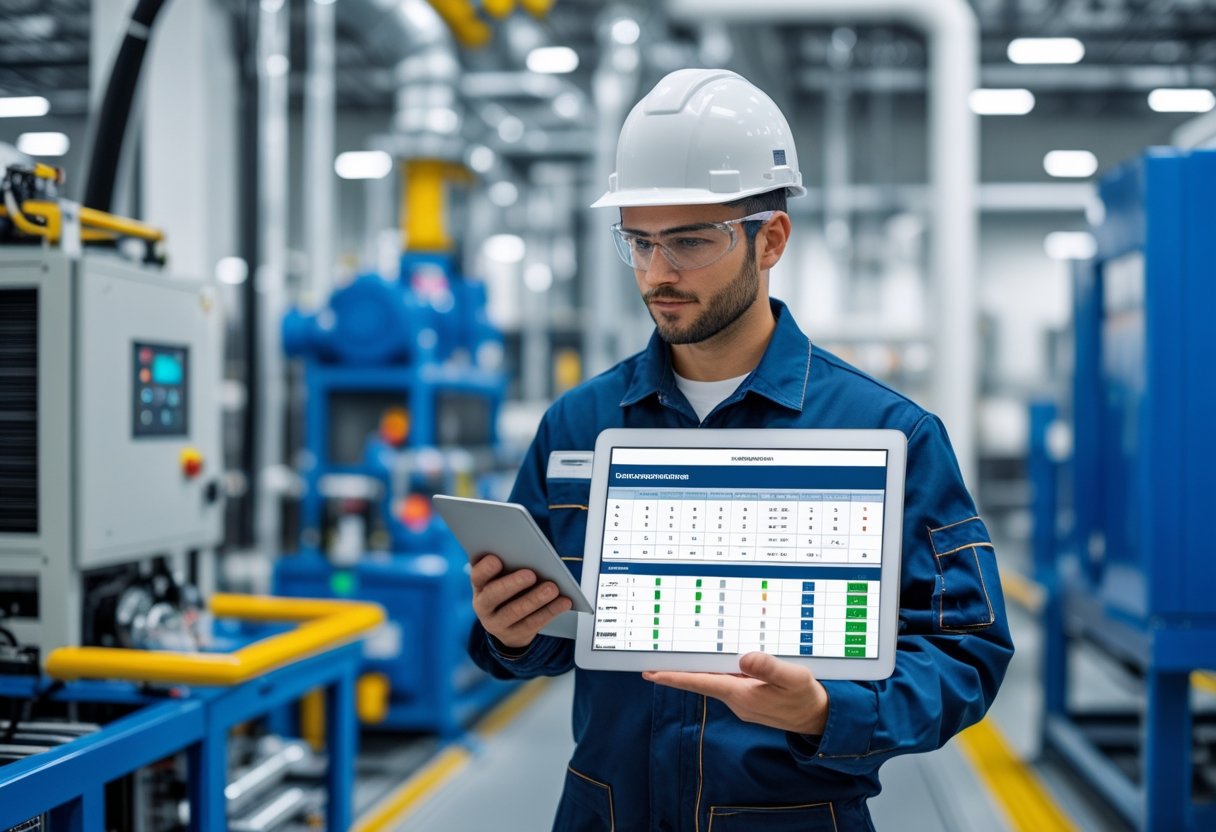 A technician wearing a safety helmet uses a digital tablet to check a maintenance schedule while inspecting industrial equipment in a clean workspace.