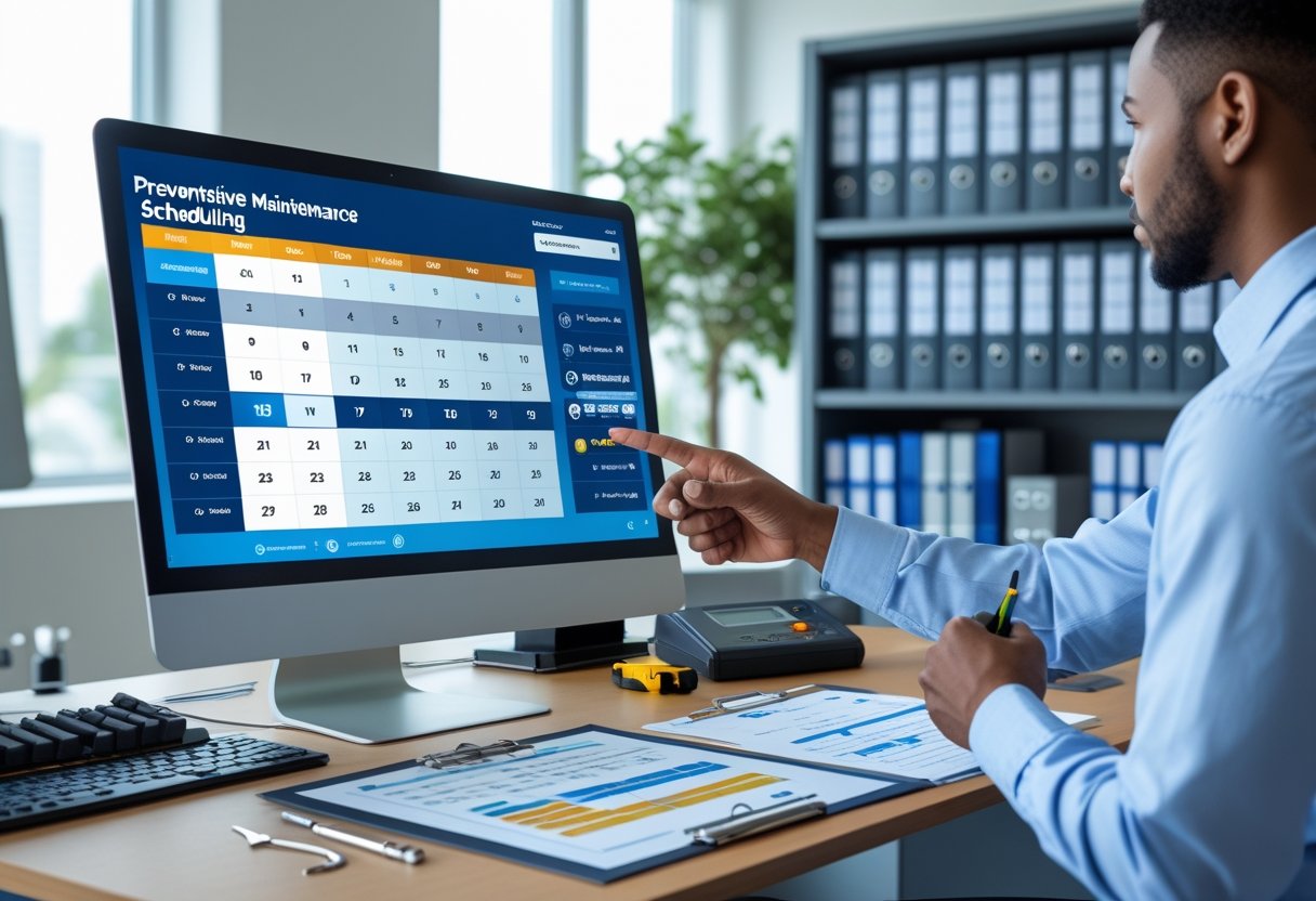 A person at a desk reviewing a digital maintenance schedule on a computer screen with tools and checklists nearby in a bright office setting.