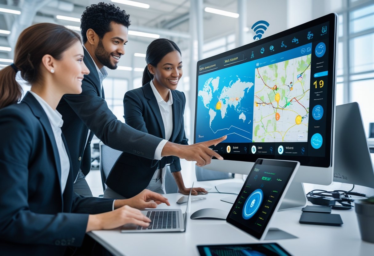 A group of professionals working together around digital screens showing vehicle data and maps in a modern office.