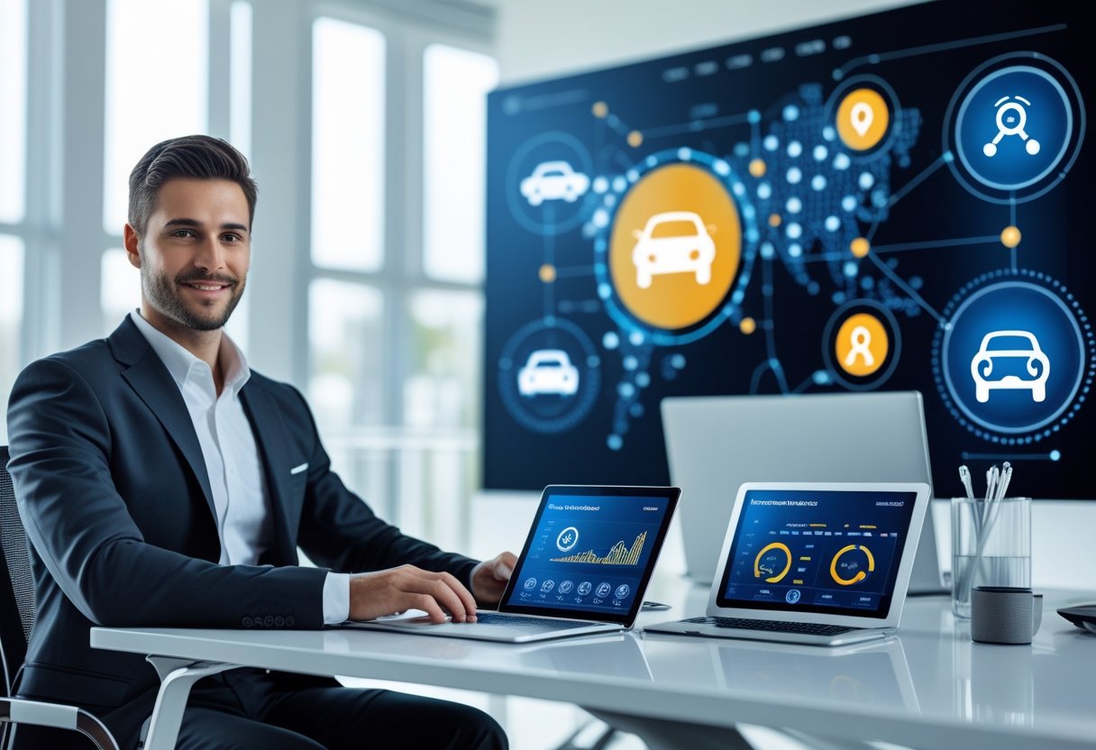 A business professional working at a desk with digital devices showing vehicle data and telematics graphics in a modern office.