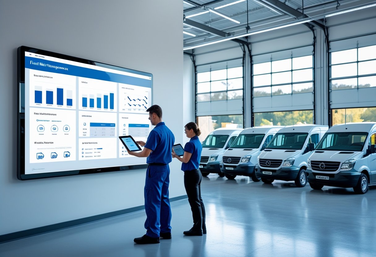 A group of professionals in an office using digital devices to manage maintenance for a small fleet of commercial vehicles parked outside.