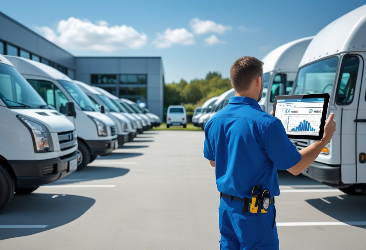 A fleet manager uses a tablet while mechanics perform maintenance on delivery vans and service trucks in a parking lot outside a modern office.