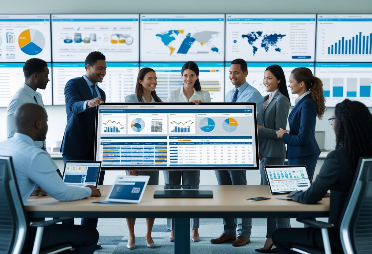 A group of professionals collaborating around a digital touchscreen table displaying equipment management data in a modern office.