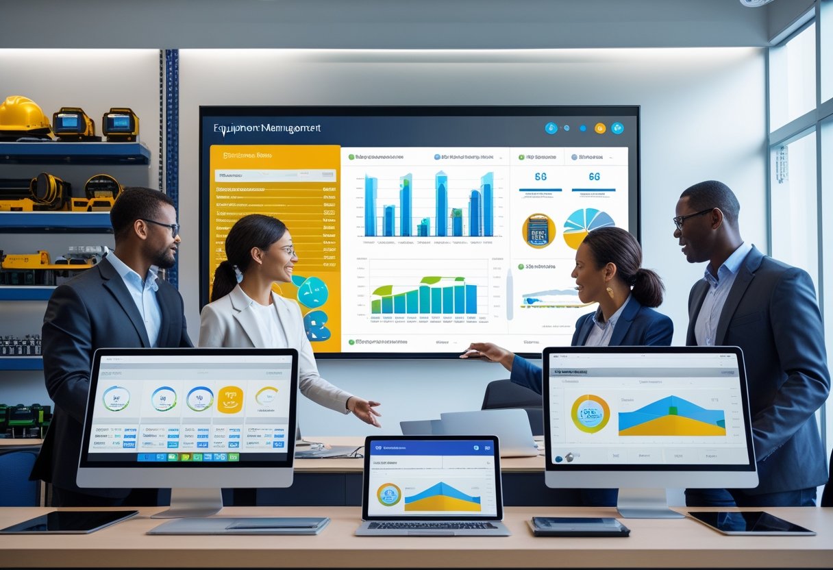 A group of professionals collaborating around a digital touchscreen displaying equipment management software in a modern office with laptops and organized industrial tools.