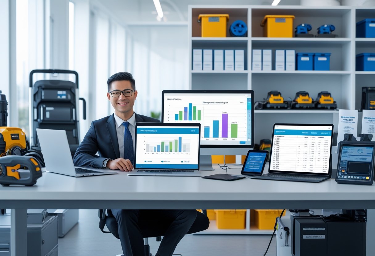A business professional working at a desk with digital devices showing equipment data, surrounded by organized tools and machinery parts in a clean office.
