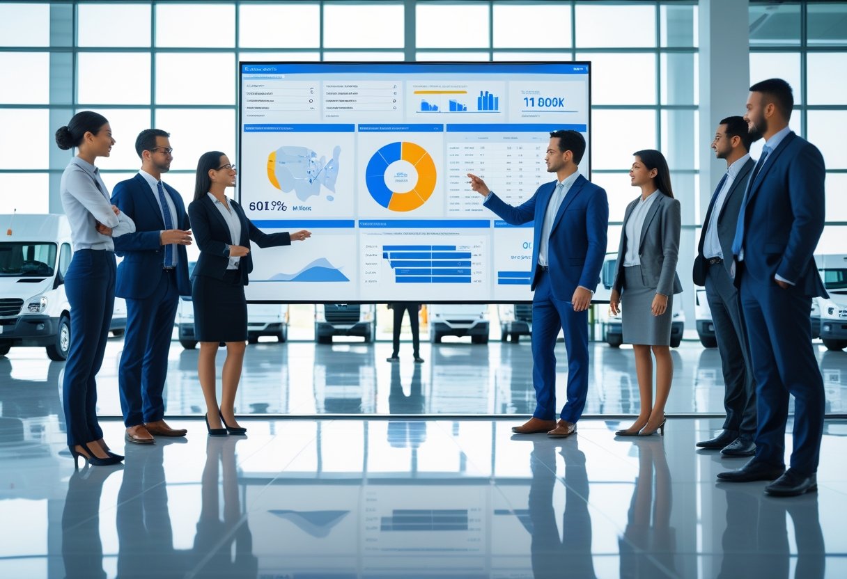 Business professionals reviewing fleet performance data on a large digital dashboard in an office with vehicles visible outside.