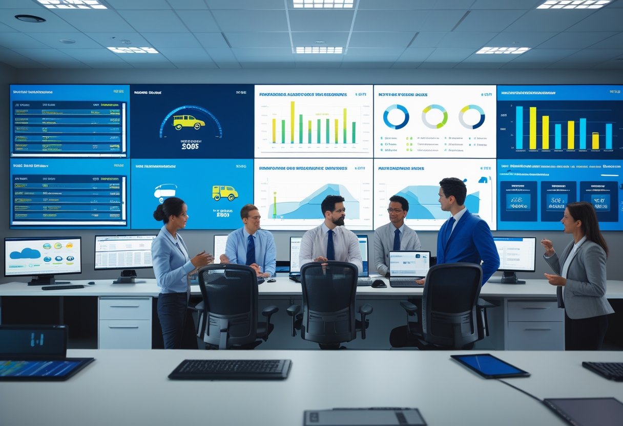 A team of professionals analyzing real-time fleet performance data on large digital screens in a modern control room.