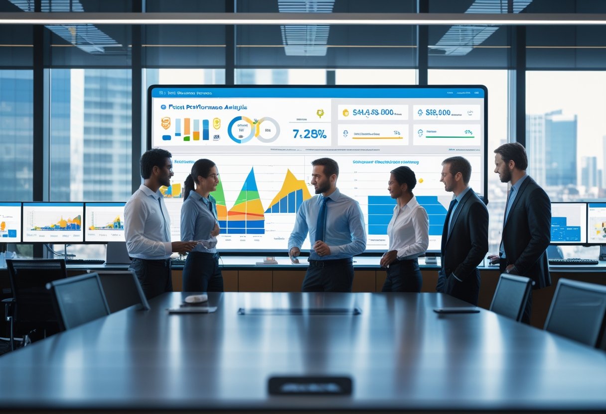 Business professionals collaborating around a digital table displaying fleet management charts and maps in a modern office.