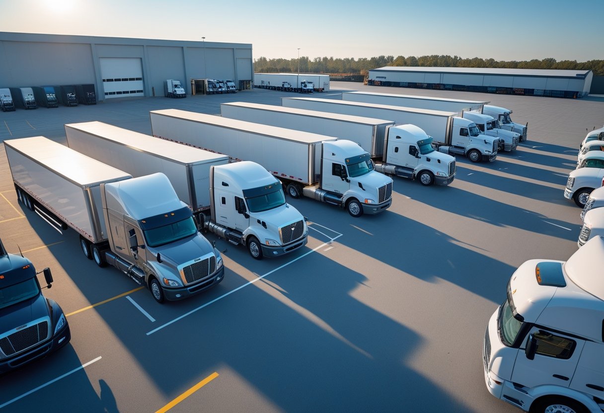 A fleet of semi trucks parked in an organized logistics yard with warehouses in the background.
