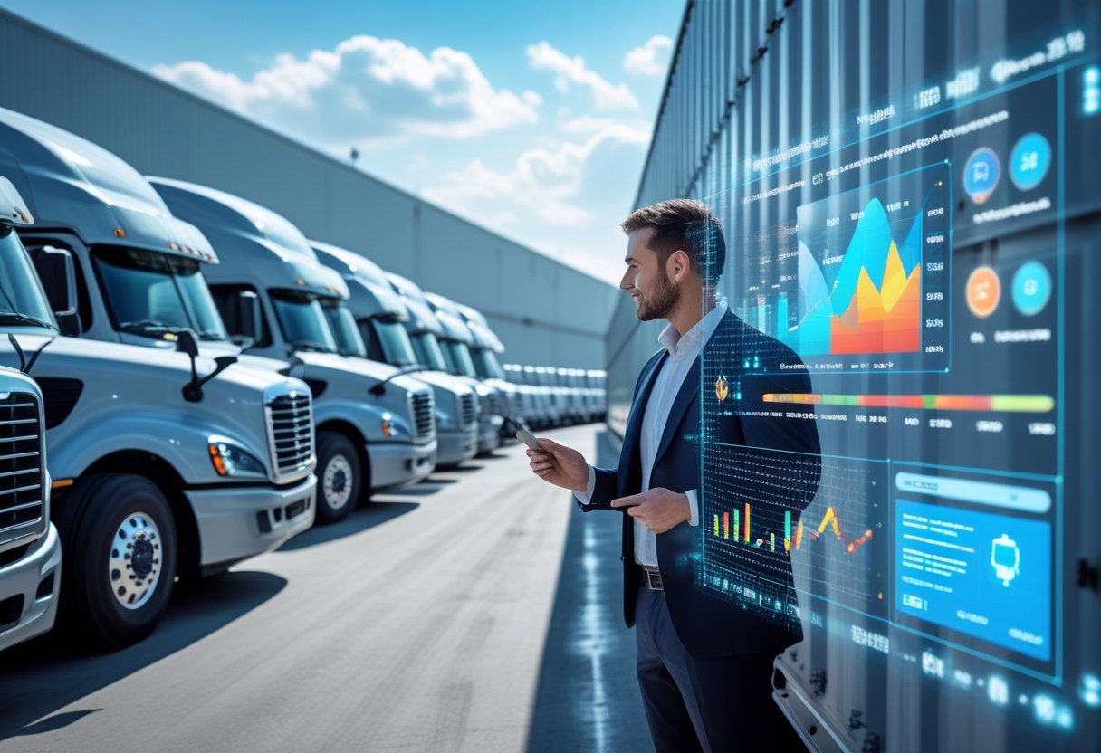 A business professional using a digital interface to manage a row of semi trucks parked at a logistics hub.