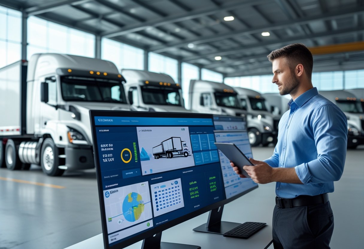 A fleet manager reviewing digital screens with semi trucks parked outside in a truck yard.