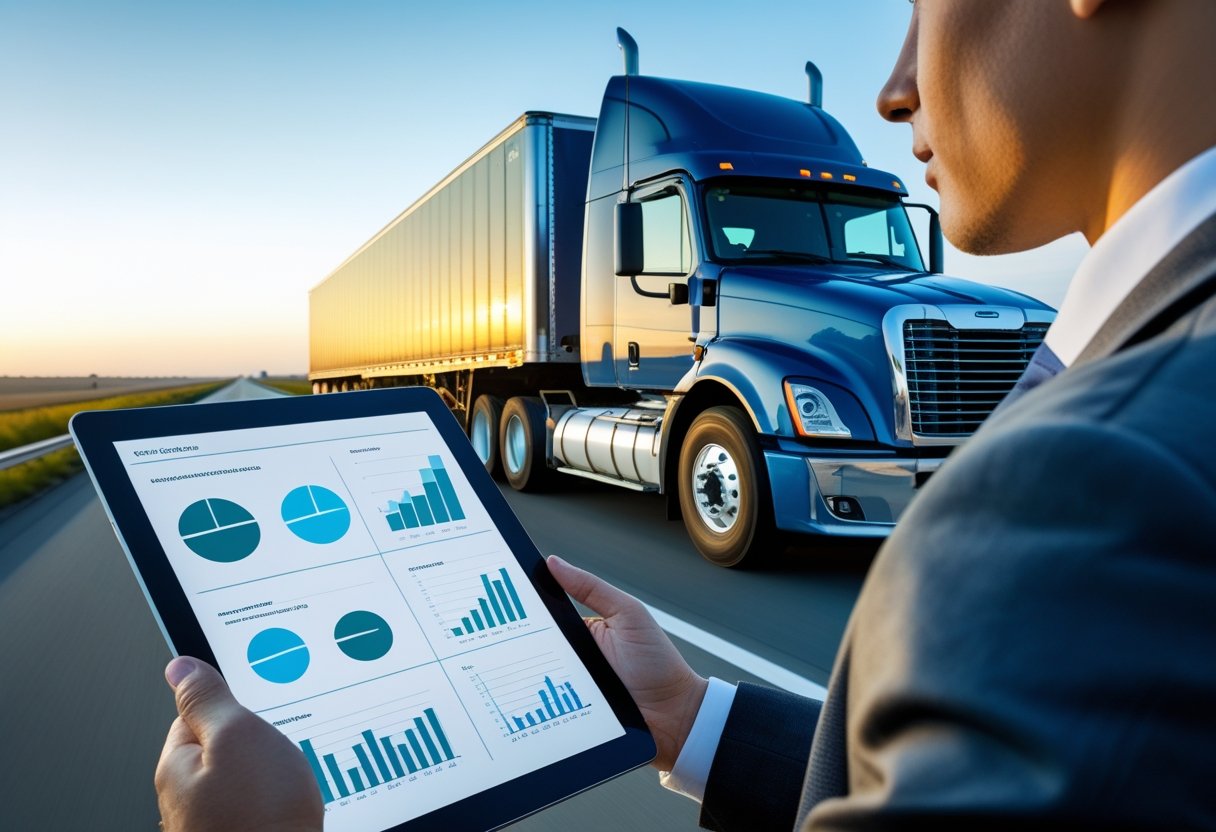 A semi-truck driving on a highway with a person holding a tablet showing charts nearby.