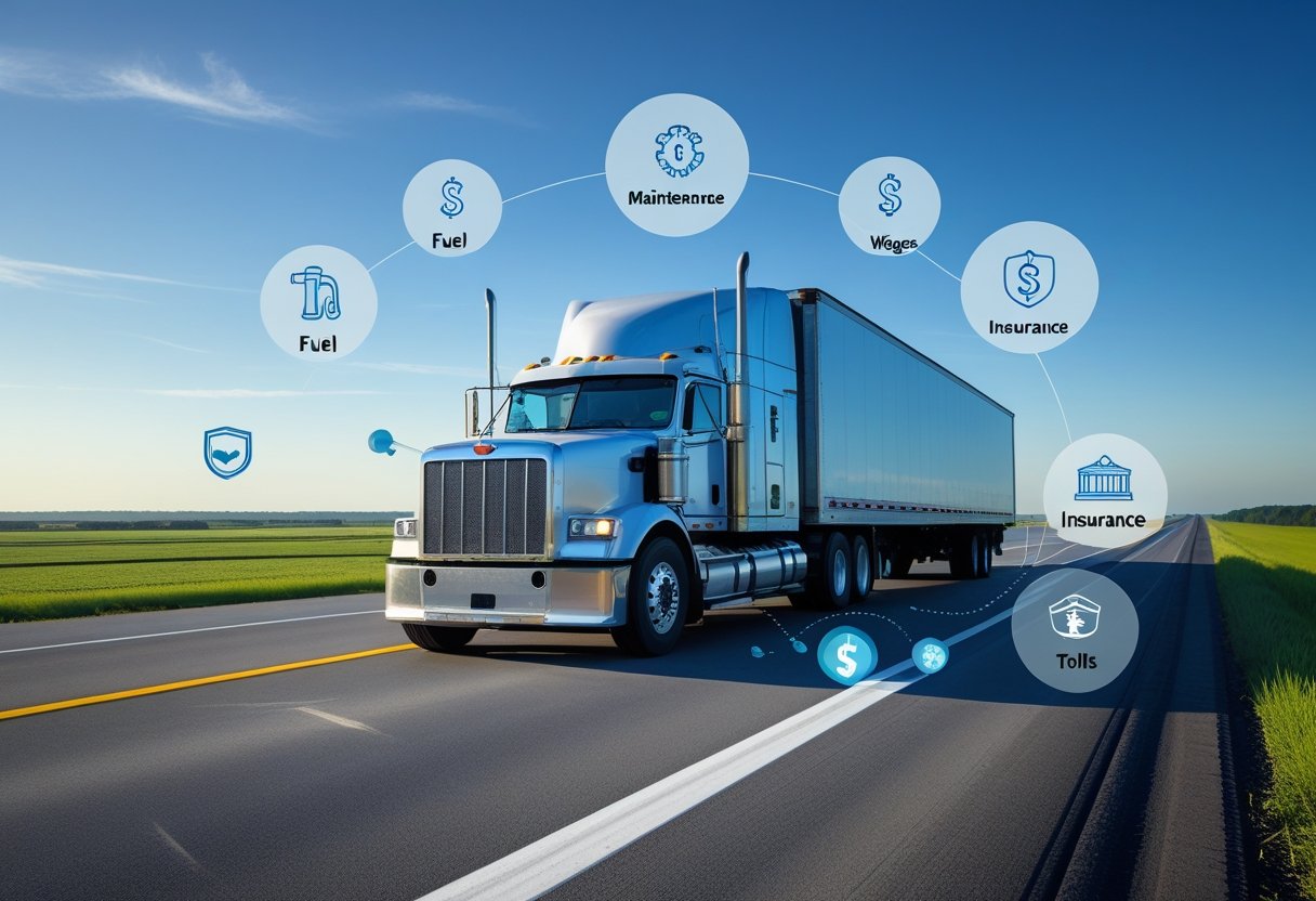 A large semi-truck driving on a highway with graphical icons representing fuel, maintenance, wages, insurance, and tolls arranged around it.