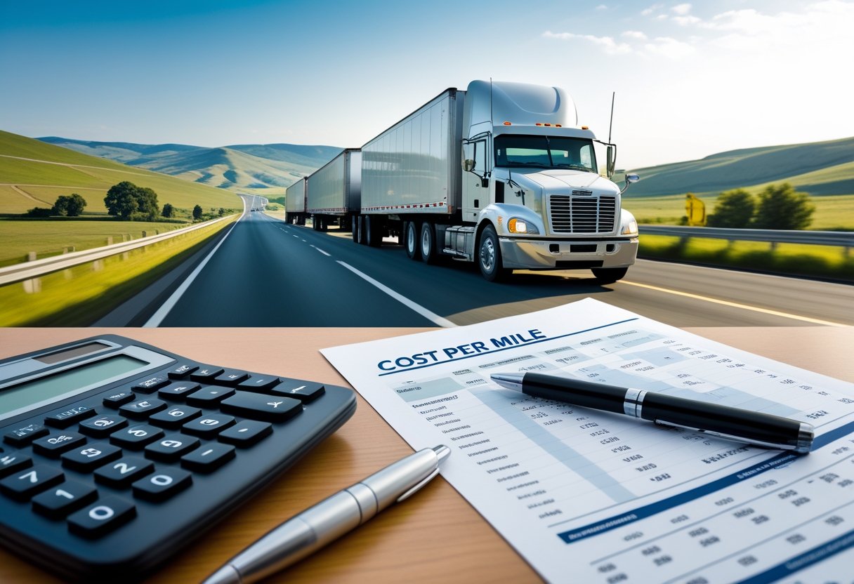 A semi-truck driving on a highway with a calculator and financial documents on a desk in the foreground.