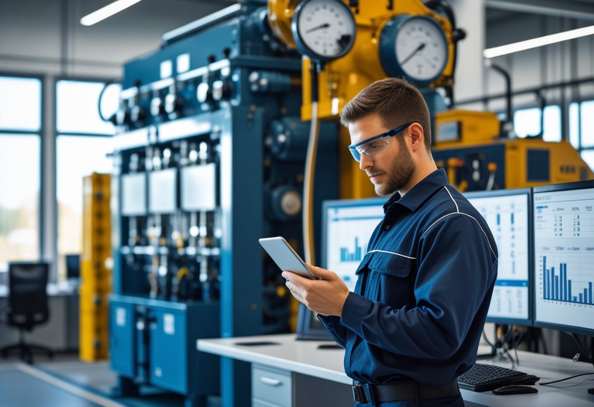 A technician using a digital tablet to review maintenance schedules near industrial equipment in a bright, organized workspace.
