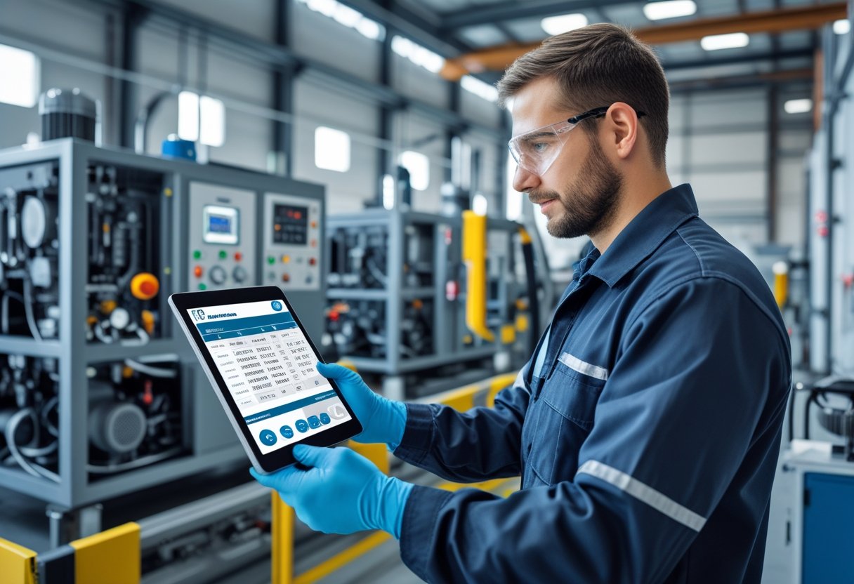 Technician using a digital tablet to track maintenance in an industrial equipment workspace.