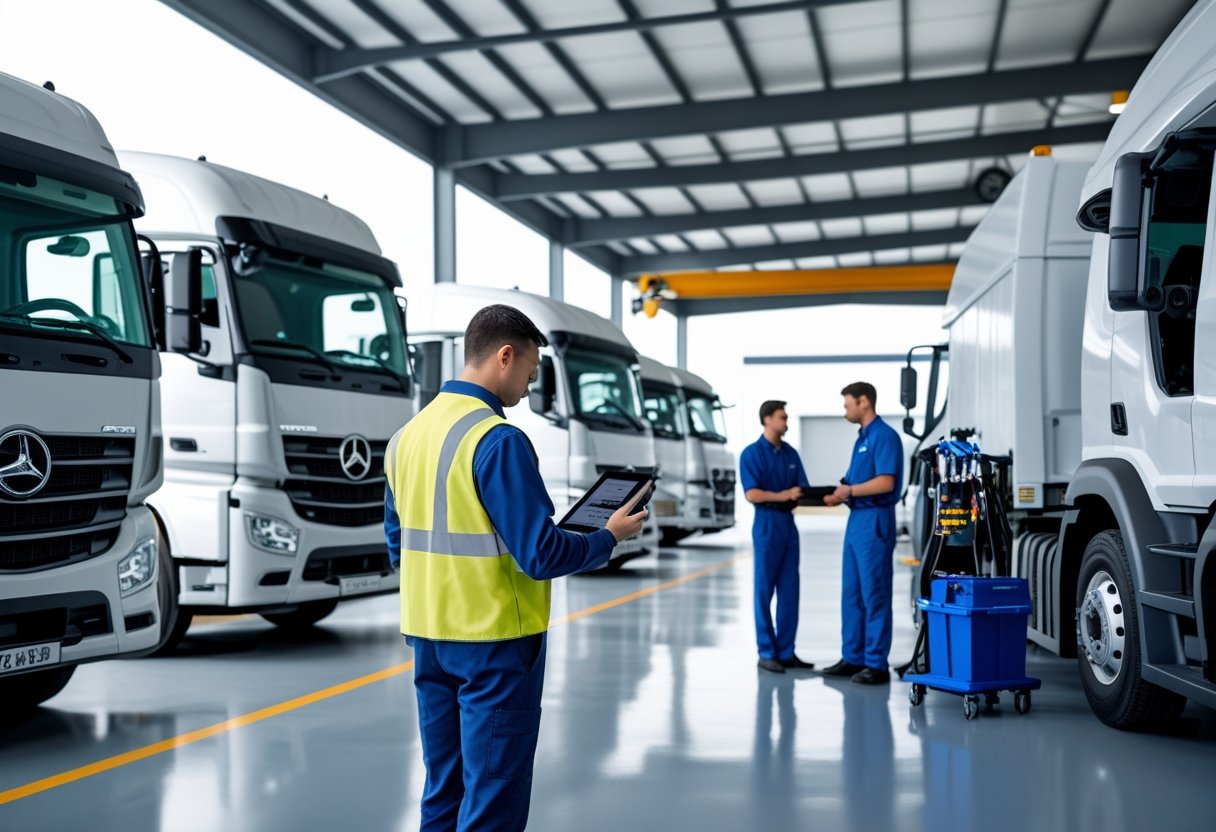 Fleet manager and mechanic working on commercial vehicles in a maintenance facility with trucks and vans parked nearby.