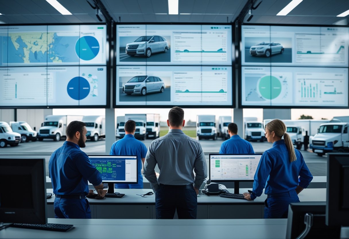 A team of professionals in a control room monitoring vehicle maintenance with digital screens and service vehicles visible outside.