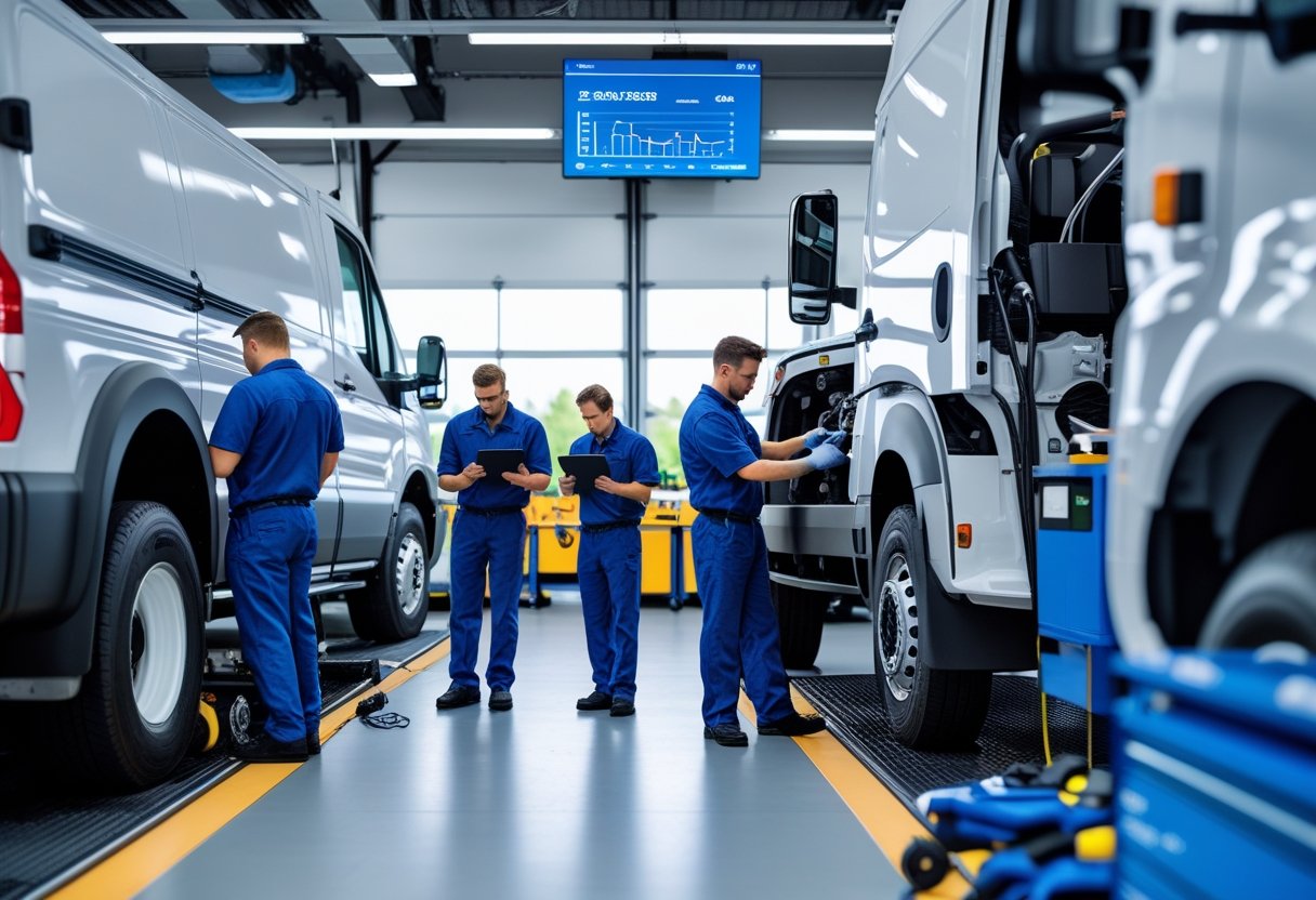 Mechanics performing maintenance on commercial vehicles in a clean garage with digital equipment and tools.