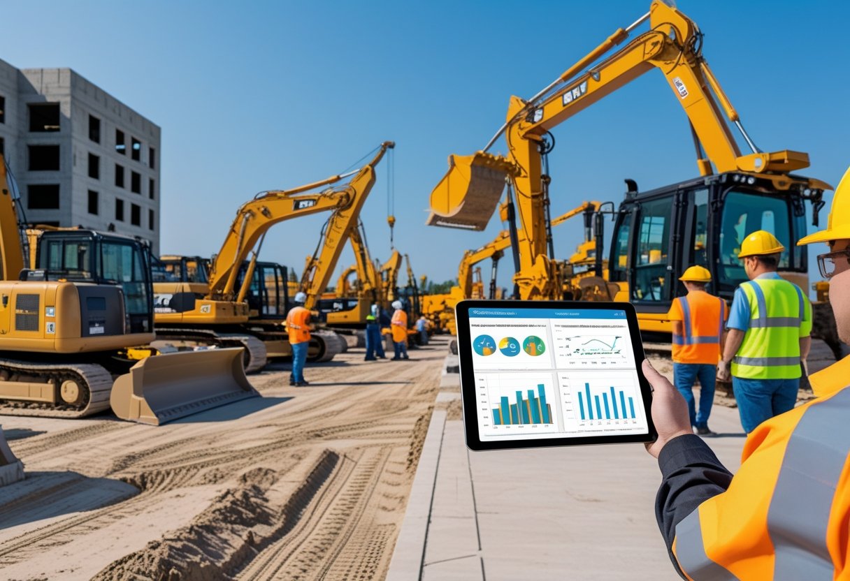 Construction site with heavy machinery and a fleet manager using a tablet to coordinate workers wearing safety gear.