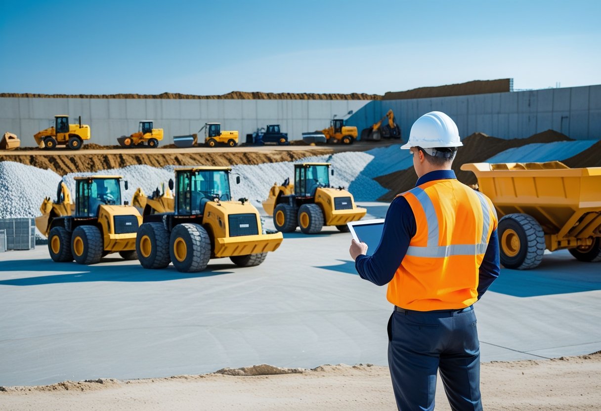 A construction manager with a hard hat and safety vest reviews a tablet in front of a fleet of heavy construction vehicles at a building site.