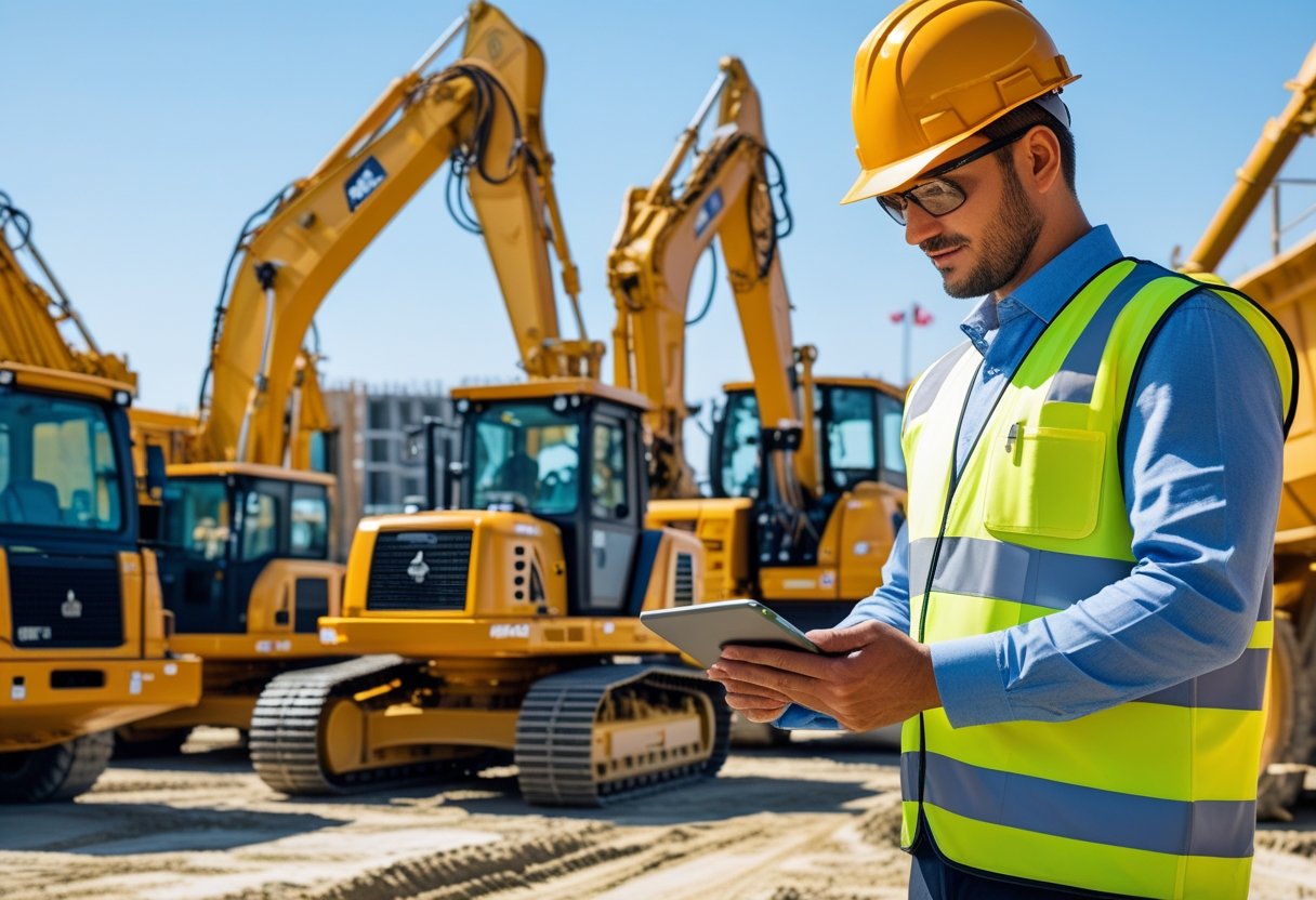 A fleet manager reviews a tablet in front of multiple construction vehicles at a busy construction site.