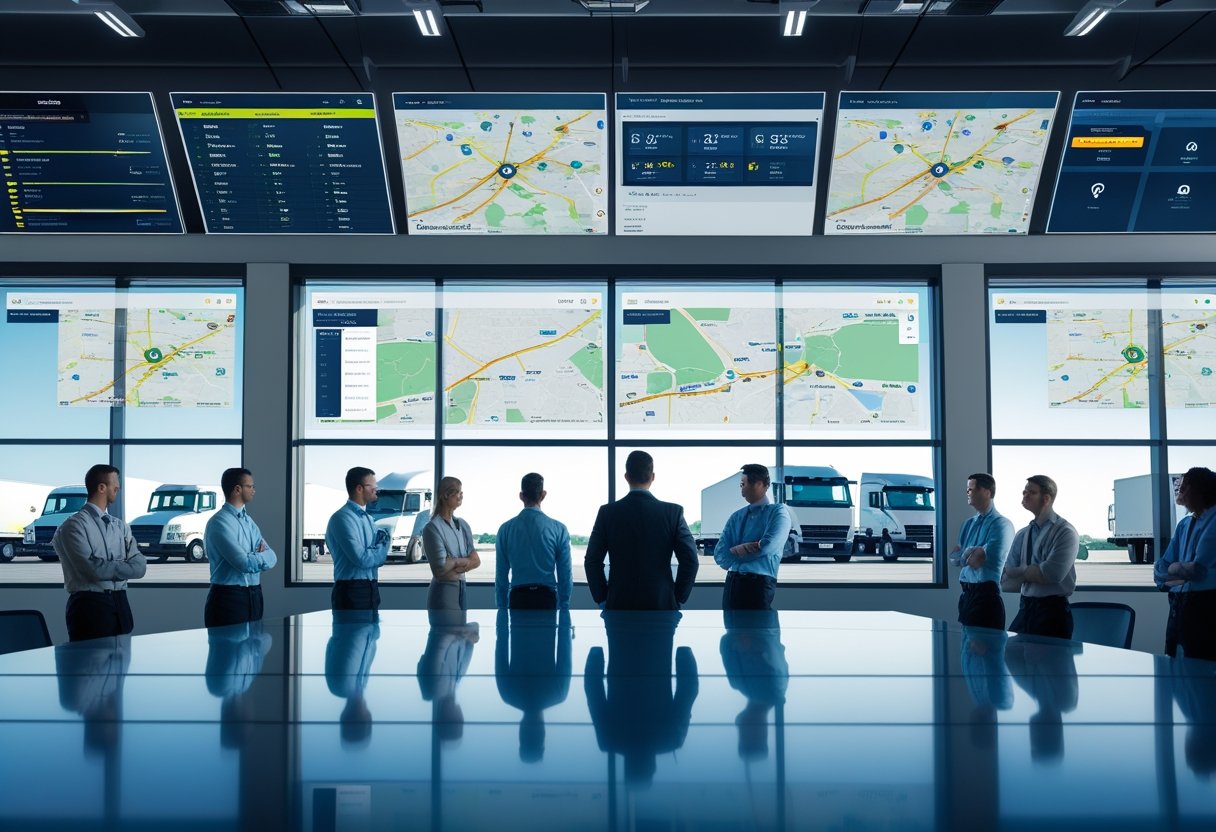 A fleet management control room with professionals monitoring digital maps and vehicle data on large screens, with commercial vehicles visible outside the windows.
