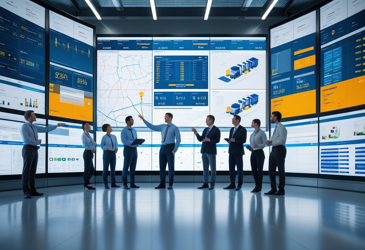Fleet managers monitoring real-time vehicle data on large screens in a control room with a commercial truck visible outside the window.