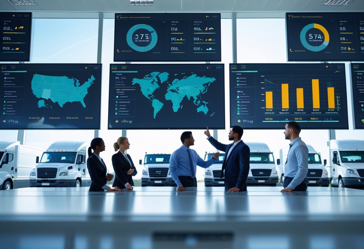 A group of professionals in a control room monitoring fleet vehicles on large digital screens with maps and data, with trucks visible outside a window.
