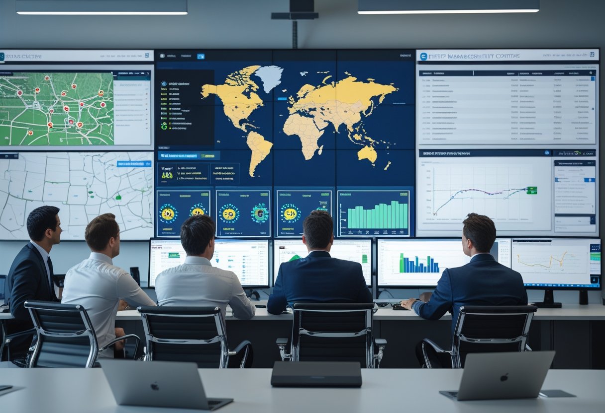 A team of professionals in a modern office monitoring multiple screens showing vehicle locations and data for fleet management.