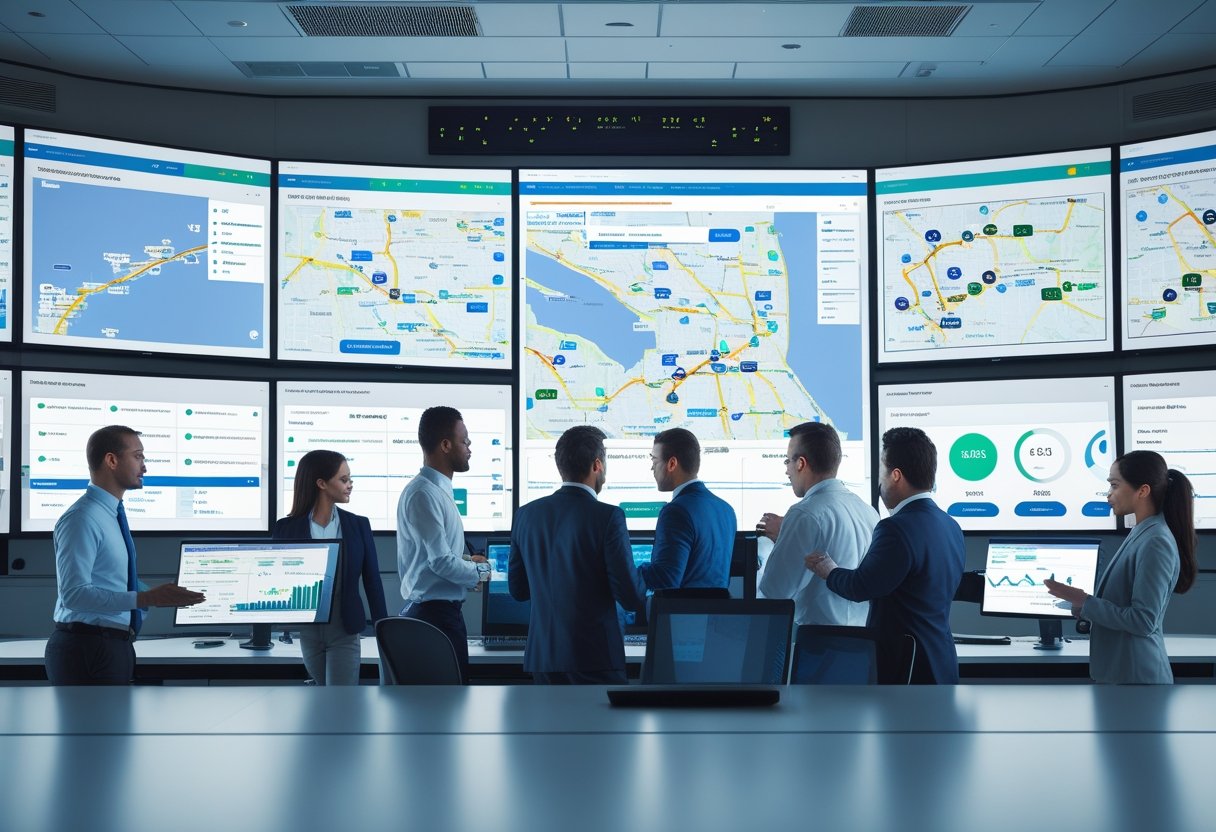 A team of professionals in a control room monitoring digital maps and data screens showing vehicle locations and routes.
