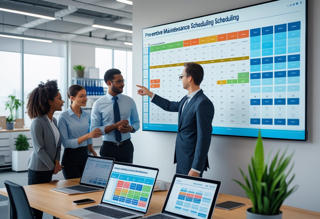 A group of professionals collaborating around a digital touchscreen showing maintenance schedules in a modern office.