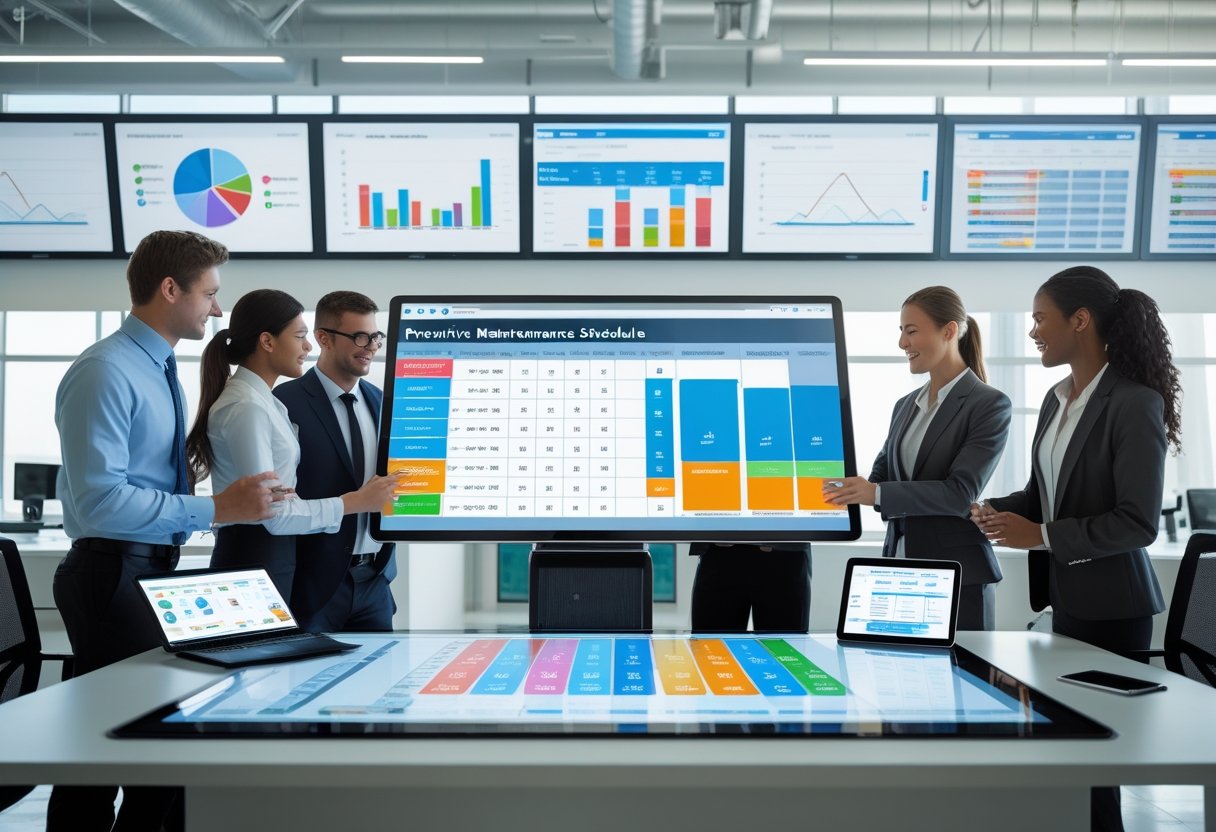 Business professionals collaborating around a digital touchscreen table displaying maintenance schedules and charts in a modern office.