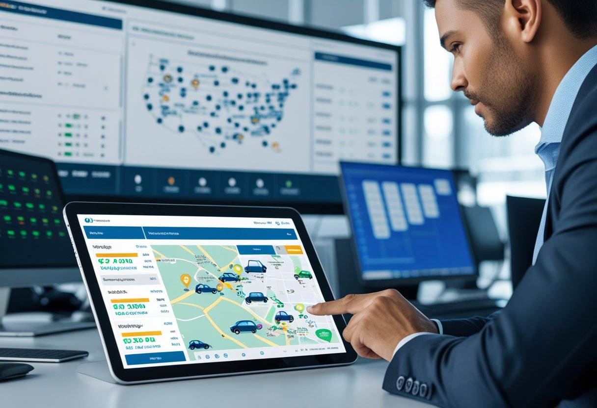A professional working with a digital dashboard displaying vehicle locations and data in an office environment.