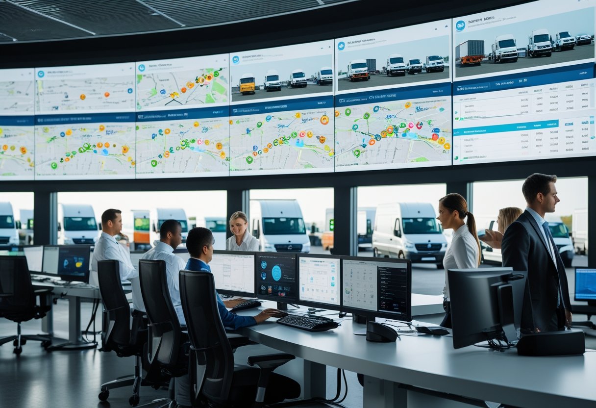A control room with professionals monitoring multiple digital screens showing vehicle locations and routes, with a fleet of trucks and vans visible outside a large window.