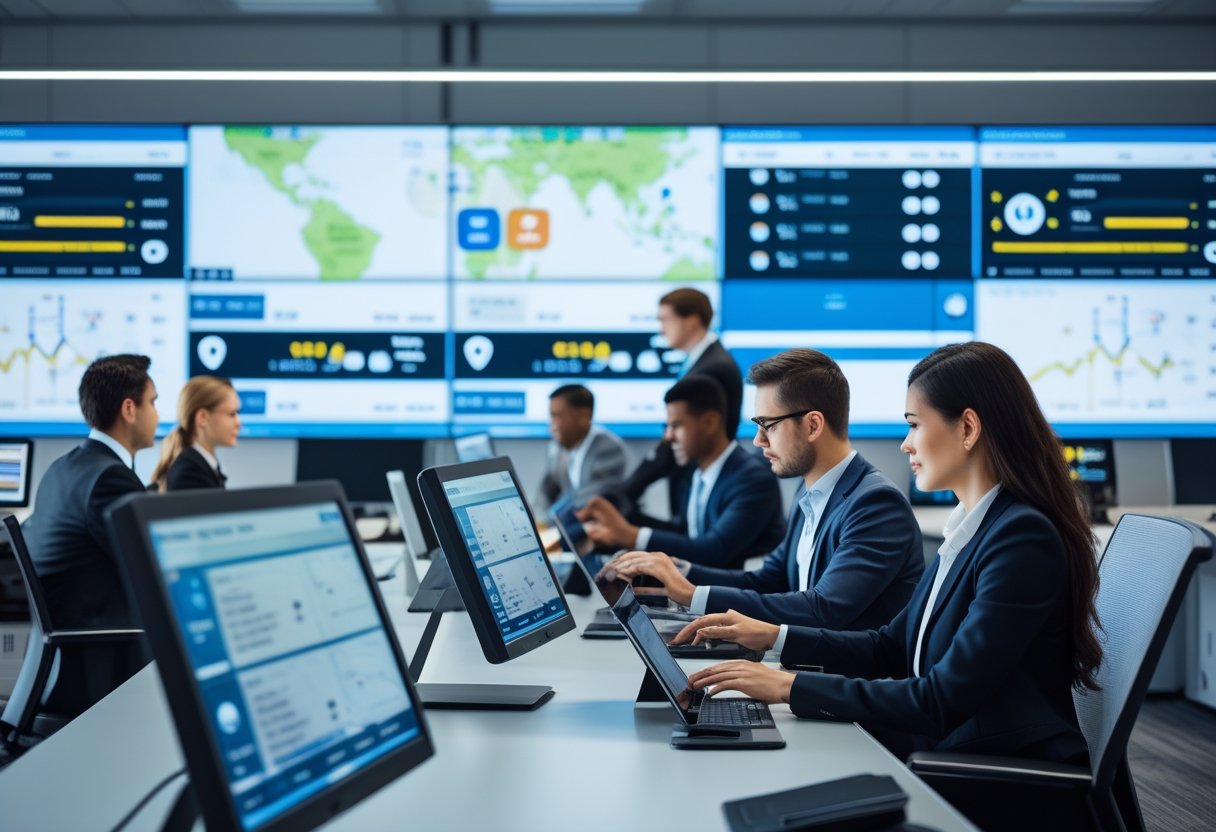 A team of professionals monitoring vehicle data on multiple large screens in a modern control room.