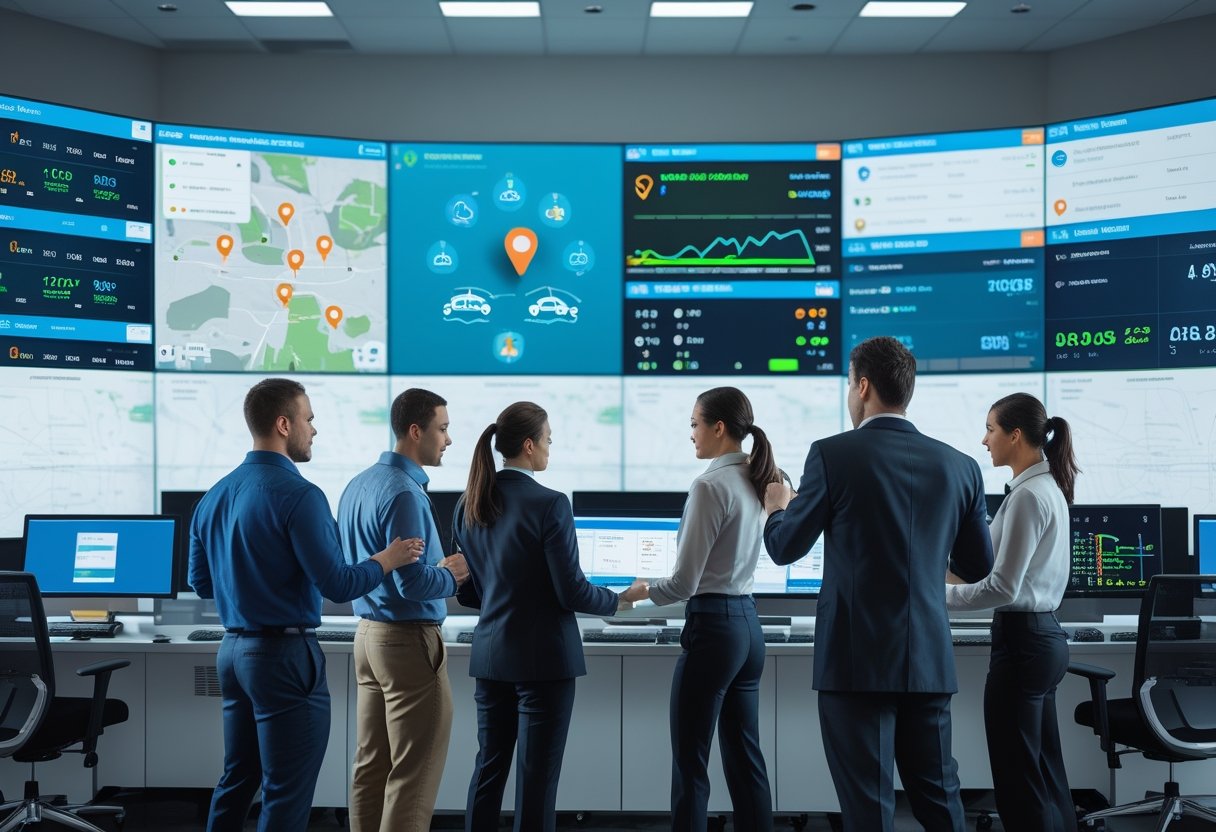 A team of professionals monitoring real-time vehicle data on large screens in a modern control room.