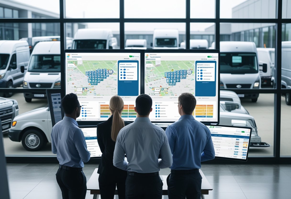 Business professionals reviewing fleet management data on screens with delivery vans and trucks parked outside a modern office.