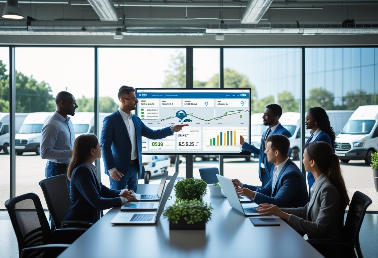 Business professionals discussing fleet data around a table with digital screens showing vehicle information in a modern office overlooking company vehicles.