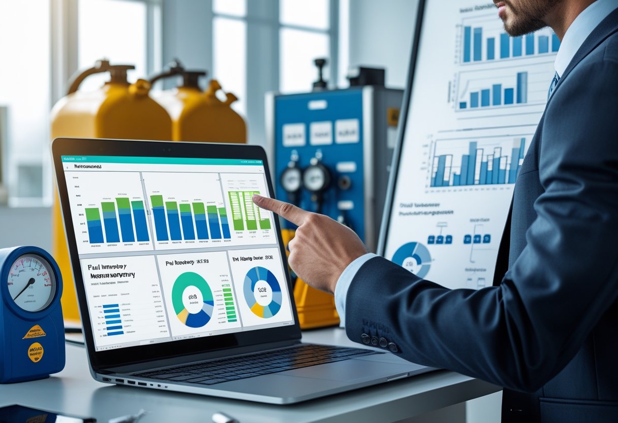 A business professional reviewing fuel inventory data on a computer screen in a modern office setting.