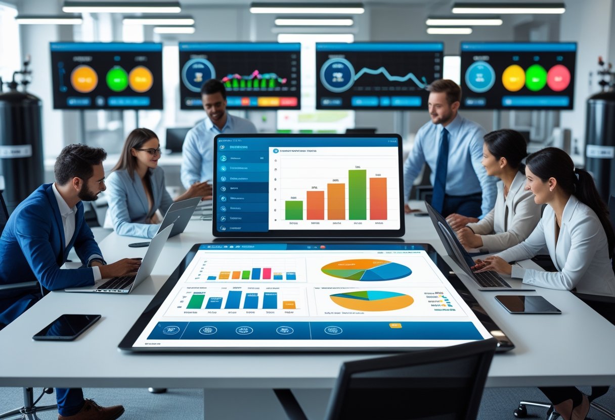 A team of professionals working together around a digital touchscreen table displaying fuel inventory data and charts in a modern office.