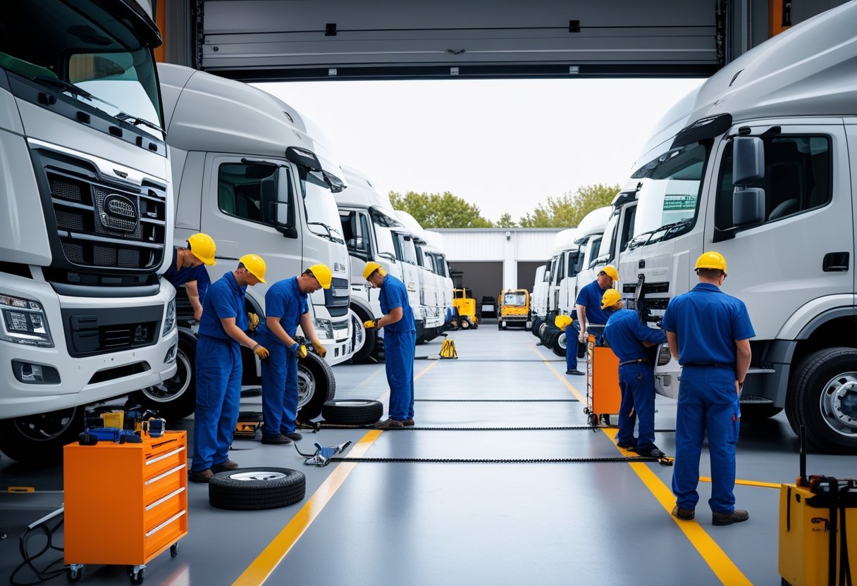 Mechanics working on commercial trucks and vans inside a clean, organized garage with vehicle lifts and tools.