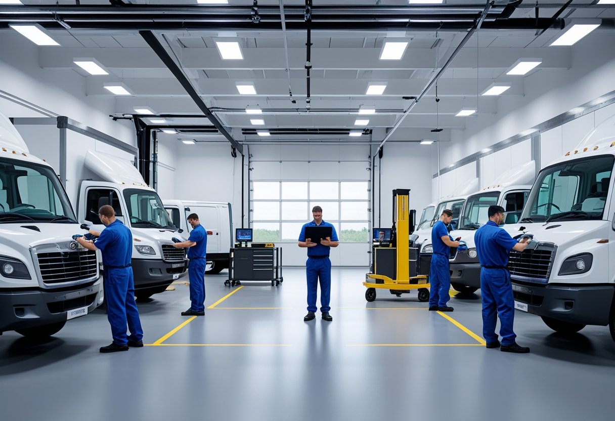 Mechanics servicing commercial trucks in a clean vehicle maintenance workshop with a manager reviewing digital maintenance schedules in the background.