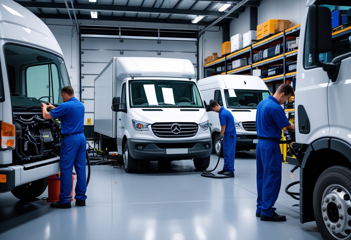 Technicians working on commercial vehicles inside a large fleet maintenance garage.