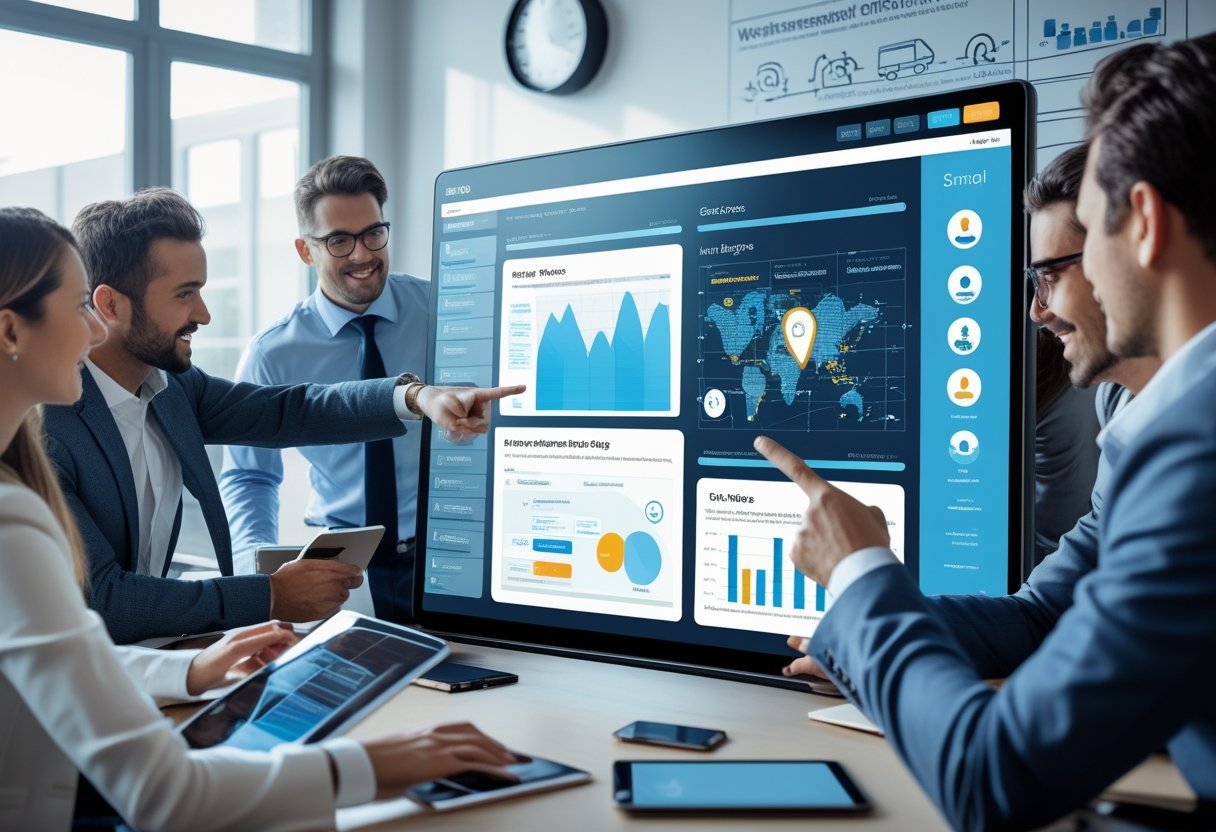 A group of professionals collaborating around a large touchscreen display showing driver management software features in a modern office.