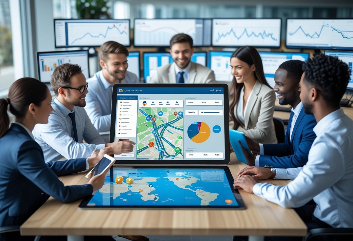 A group of professionals working together around a digital table showing driver routes and vehicle data in a modern office.
