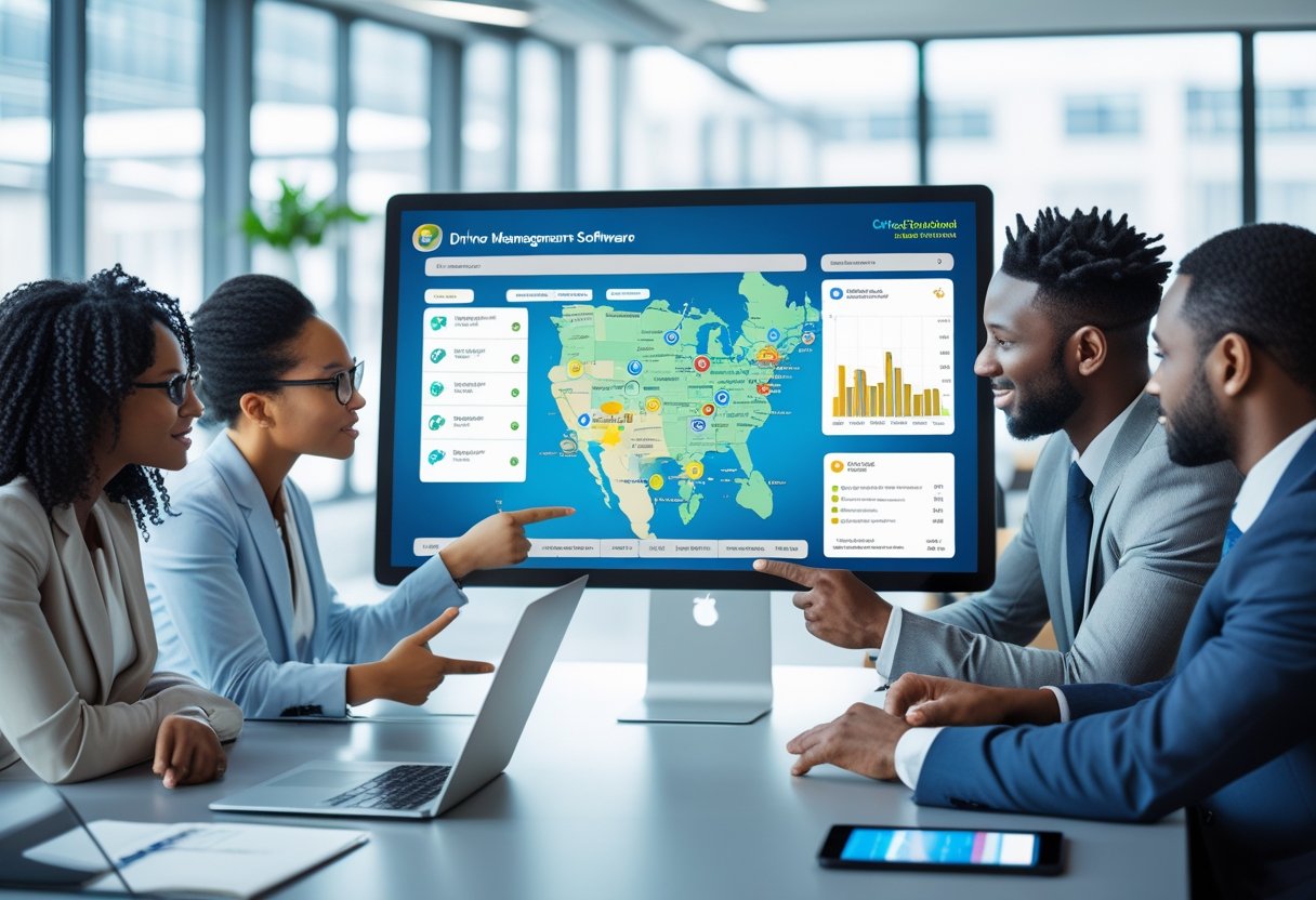 A group of professionals collaborating around a touchscreen monitor displaying driver management data in a modern office.