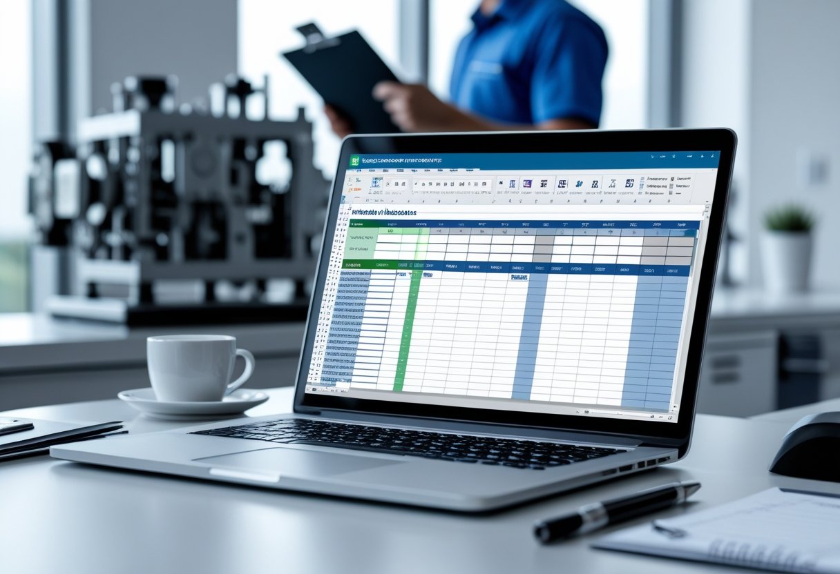 A laptop on a desk displaying a preventive maintenance spreadsheet, with a technician reviewing equipment in the background.